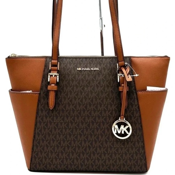 Michael Kors Large Charlotte Tote Bag Luggage Leather Brown - Picture 1 of 12